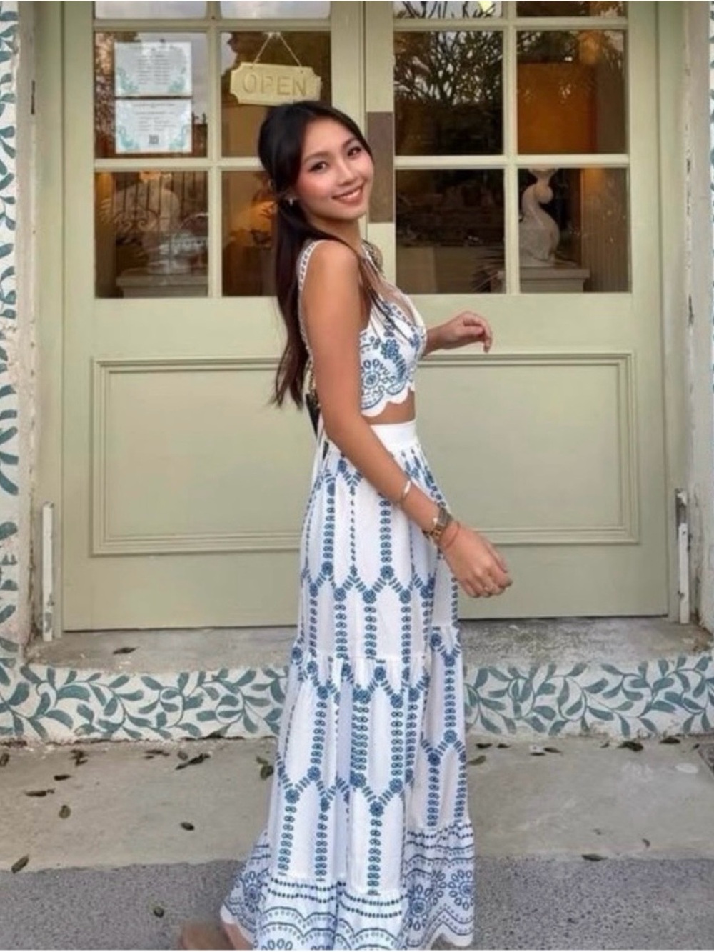 Commense White and Blue Patterned Maxi Skirt
